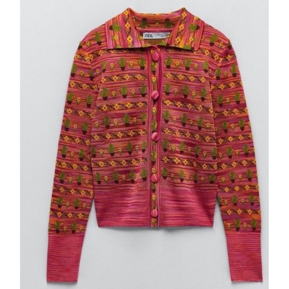 Zara Women's S Knit Jacquard Polo Sweater Button Down Cardigan